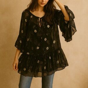 Free People Sheer Floral Mesh Boho Dress Small Ruffle Bell Sleeves Cottagecore